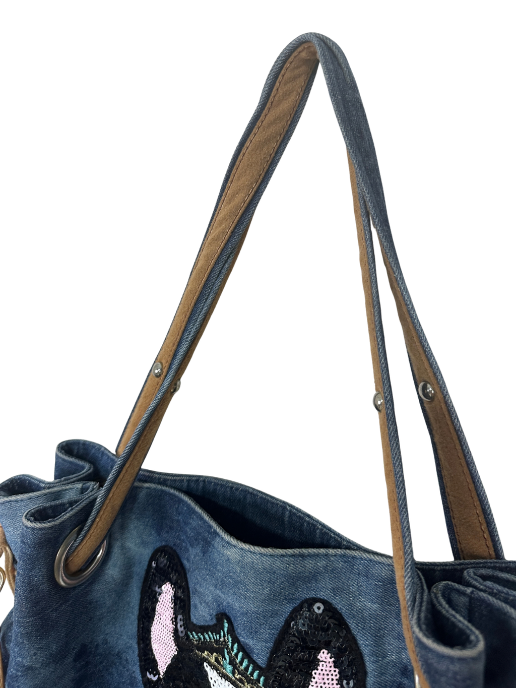 Sequined French Bulldog Large Denim Tote Bag