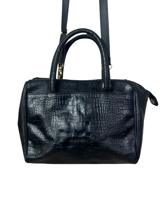Moments Black Croc-Embossed Leather Handbag with Long Strap