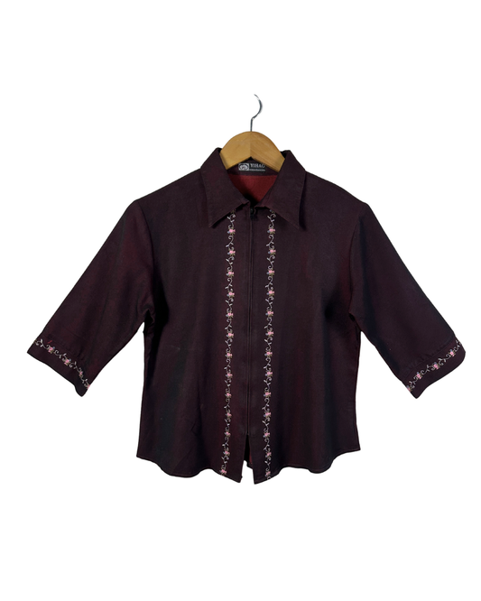 Vintage Embroidered Zip-Up Blouse