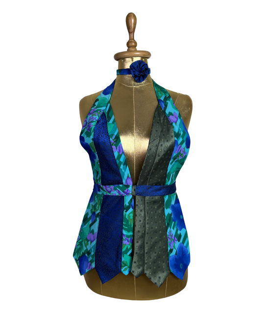 Handmade Upcycled Necktie Halter Vest Top with Choker - XS to Medium