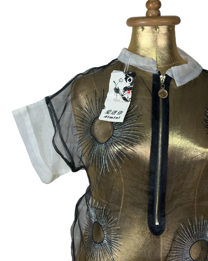 Avant-Garde Metallic Organza Embroidered Zip Top