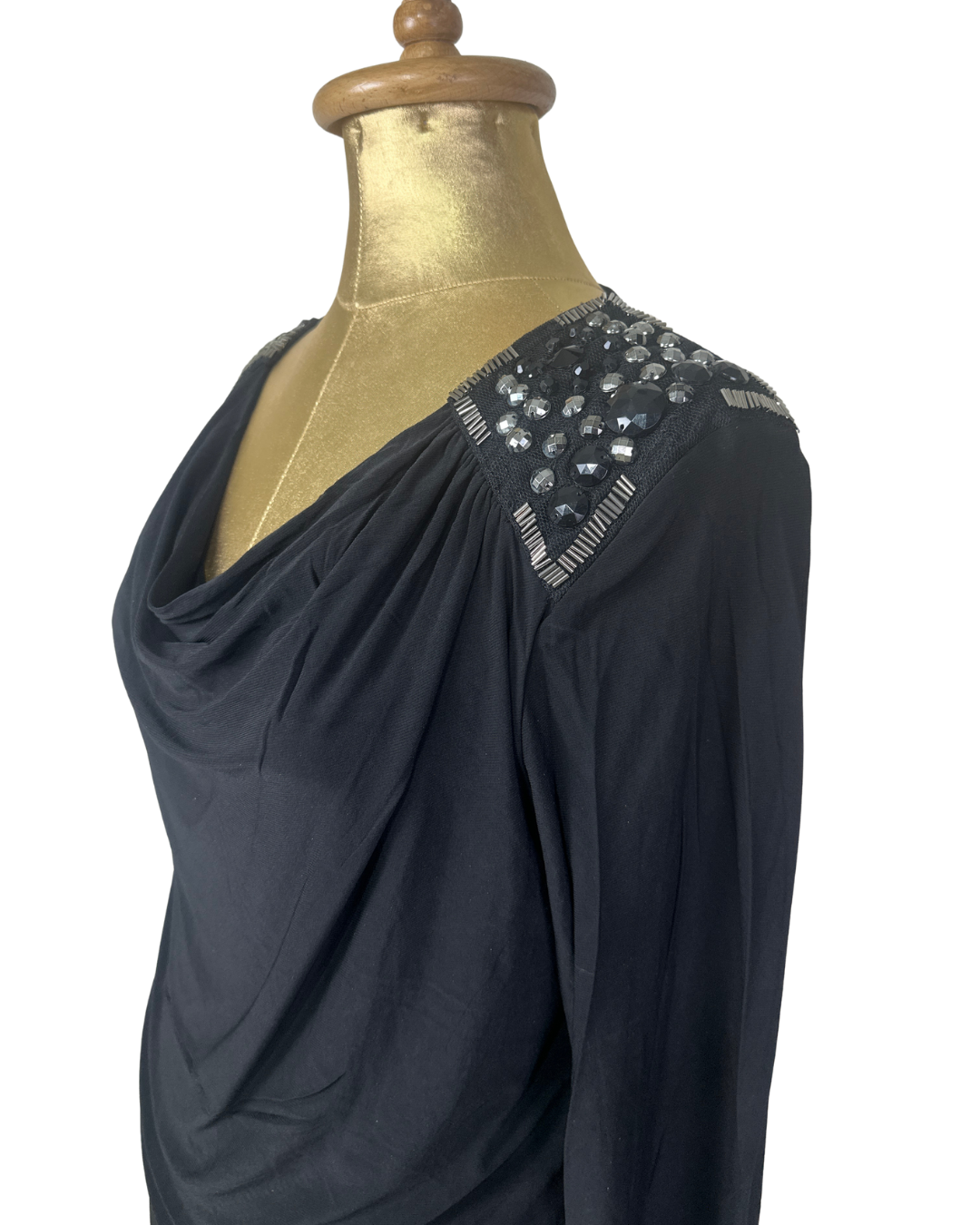 CC Black Draped Cowl Neck Top with Beaded Shoulders
