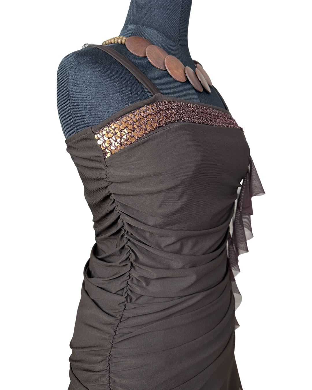 Ruched Brown Midi Dress with Sequin Trim & Ruffle Side Detail