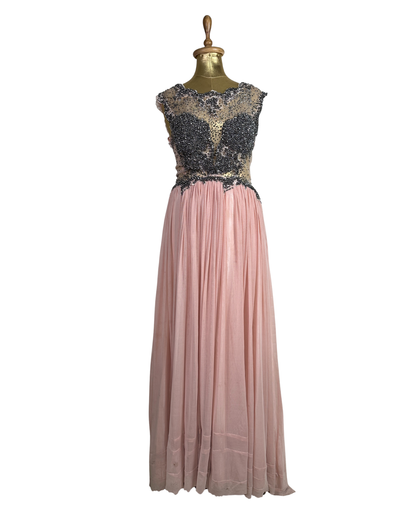 Pink Evening Gown with Sheer Beaded Bodice & Back