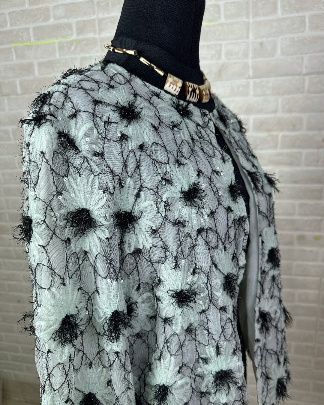 Mint Pastel Flower Appliqué  Embroidered Open Front Top