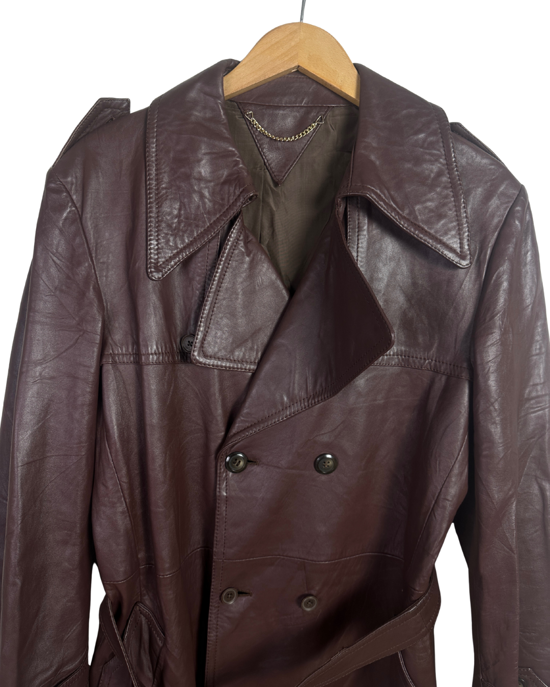 Vintage Brown Double Breasted Genuine Leather Trench Coat - Large