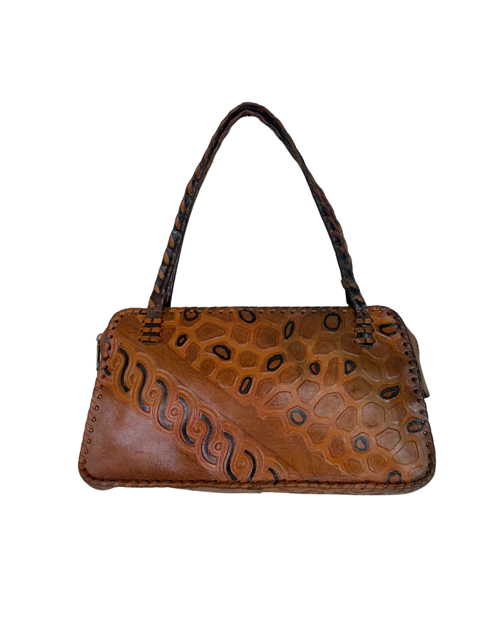 Vintage 70s Whipstitch Embossed Brown Genuine Leather Handbag