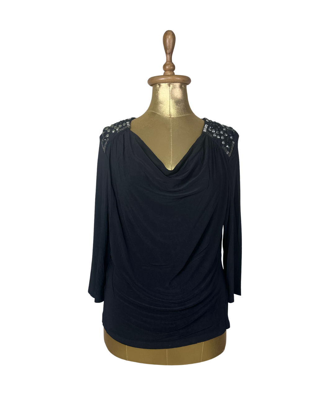 CC Black Draped Cowl Neck Top with Beaded Shoulders