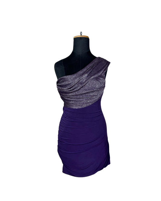 Jane Norman London One-Shoulder Ruched Dress with Metallic Drape