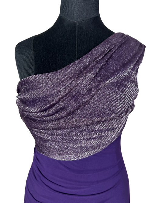 Jane Norman London One-Shoulder Ruched Dress with Metallic Drape