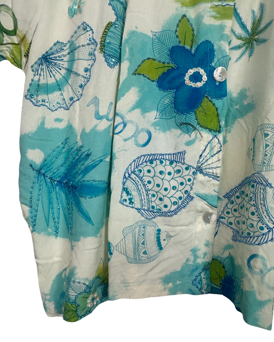 Mango Bay Beaded Applique Floral Women's Shirt 2XL