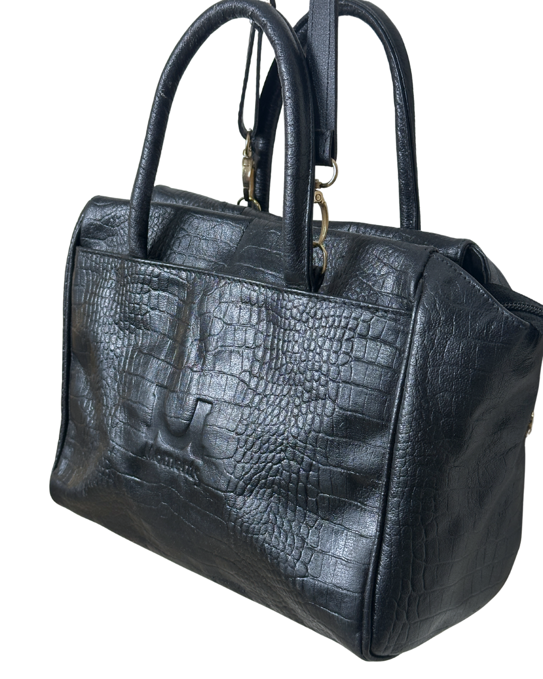 Moments Black Croc-Embossed Leather Handbag with Long Strap