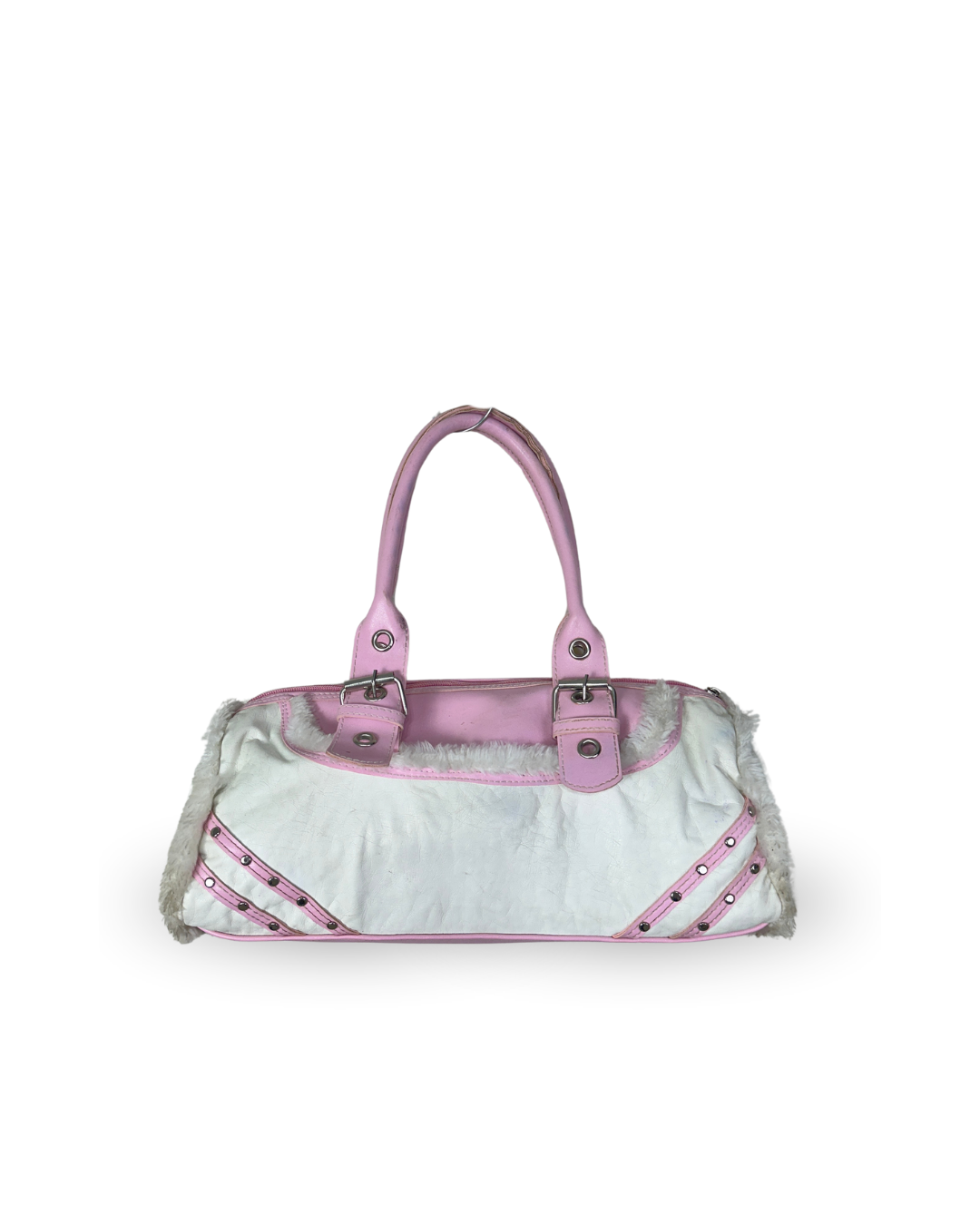 Vintage Y2K Pink & White Faux Fur Studded Shoulder Bag