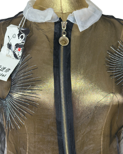 Avant-Garde Metallic Organza Embroidered Zip Top