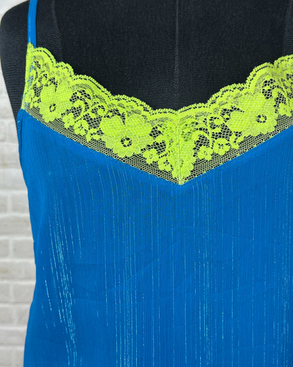 Y2K Style Electric Blue Cami with Neon Lace Trim