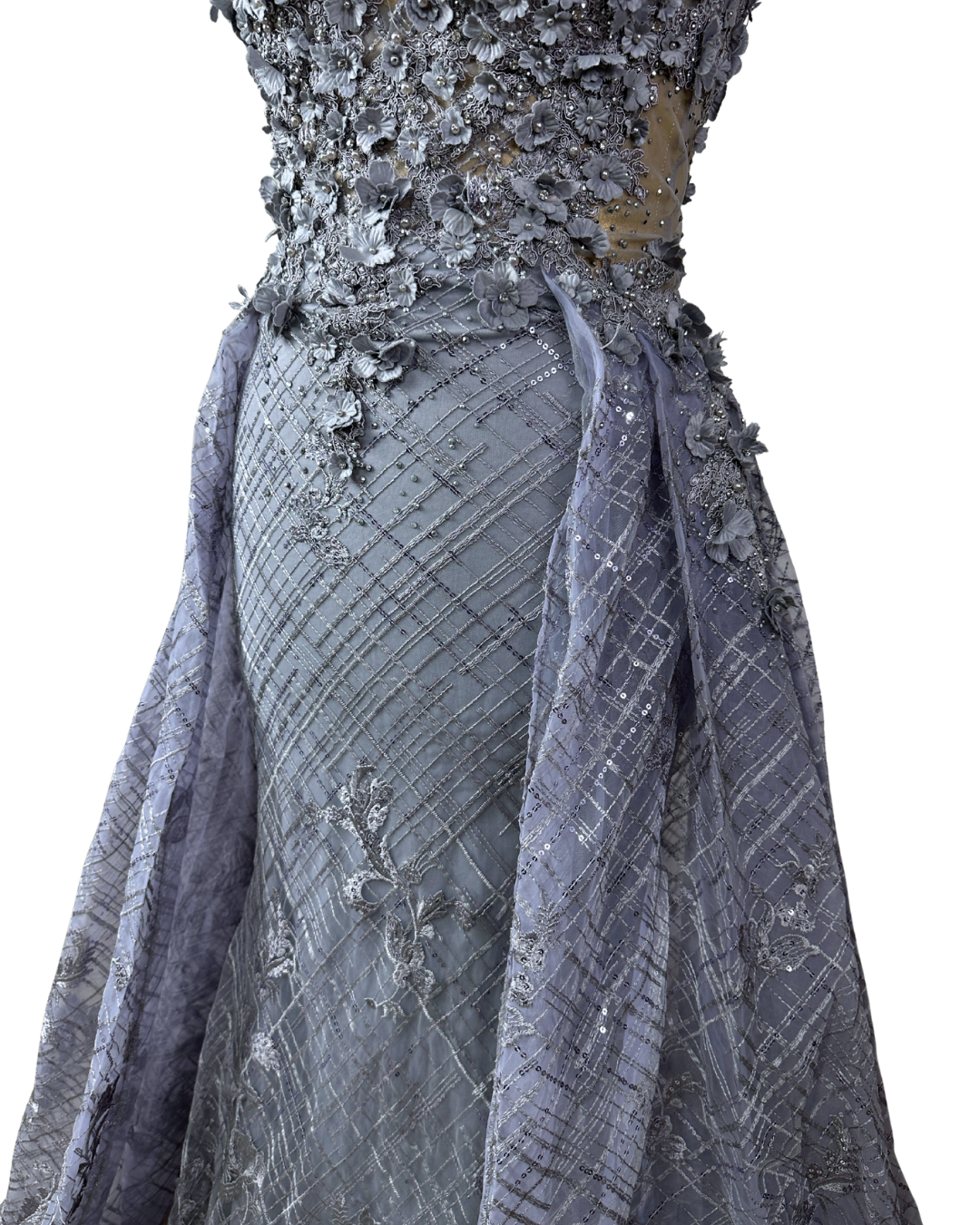 Lavender Embellished Mesh Gown with 3D Floral Appliqué & Flowing Train