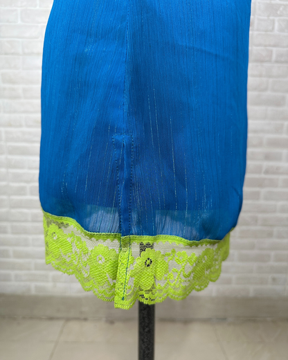Y2K Style Electric Blue Cami with Neon Lace Trim