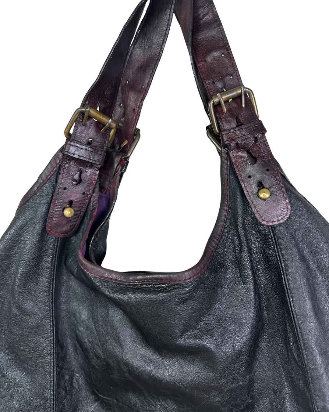 Vintage Genuine Leather Hobo Shoulder Bag with Burgundy Straps