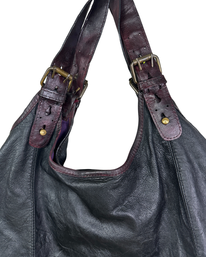 Vintage Genuine Leather Hobo Shoulder Bag with Burgundy Straps