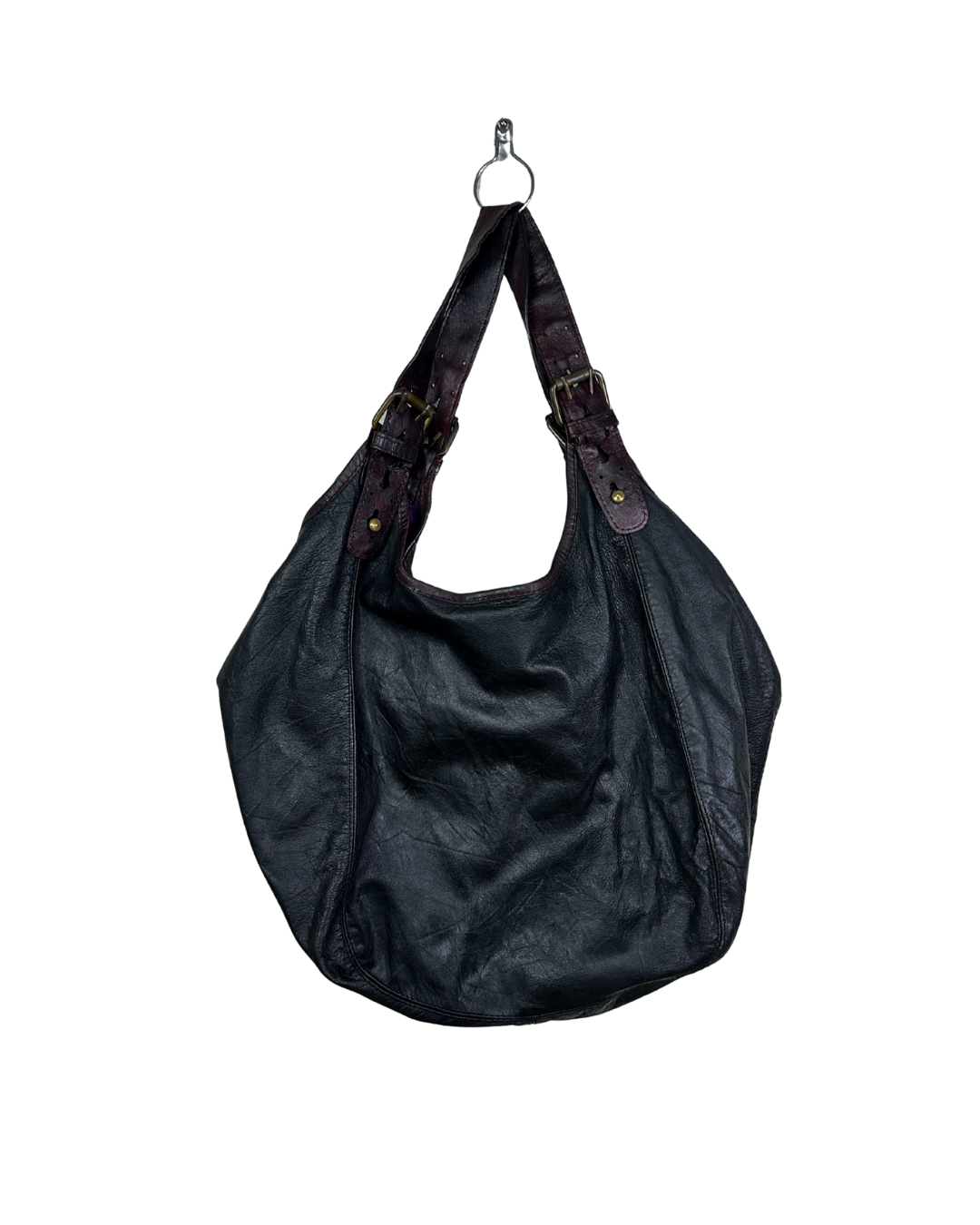 Vintage Genuine Leather Hobo Shoulder Bag with Burgundy Straps