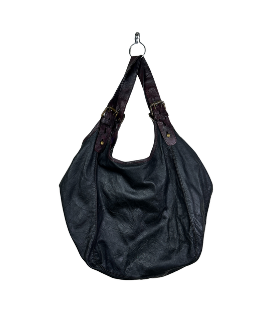 Vintage Genuine Leather Hobo Shoulder Bag with Burgundy Straps