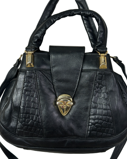 Vintage Black Genuine Leather Handbag with Croc Panels & Gold Lock