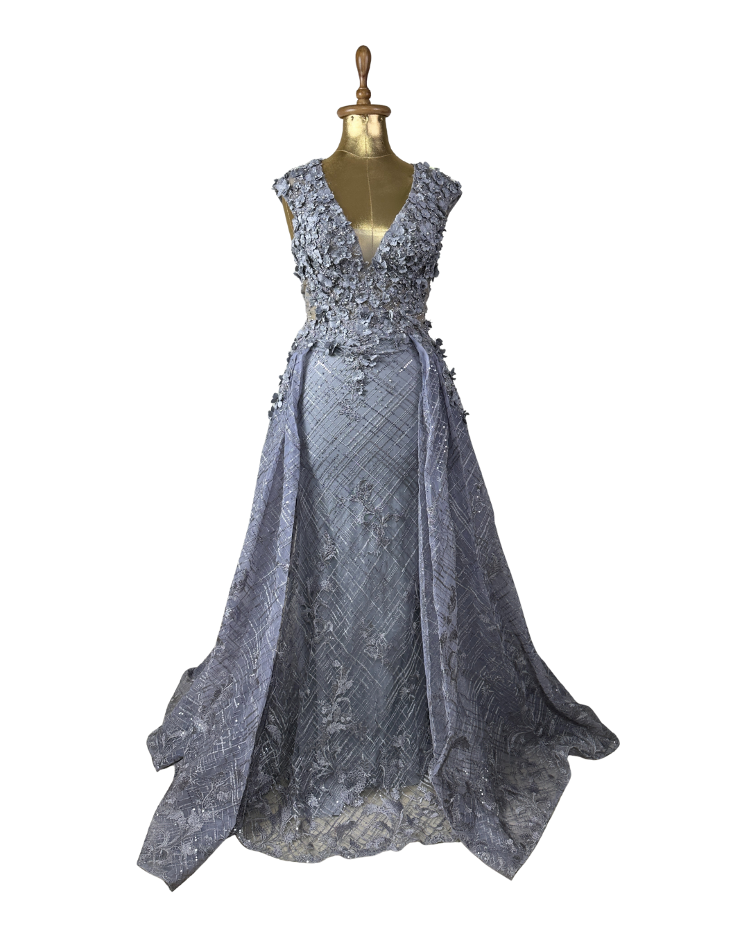 Lavender Embellished Mesh Gown with 3D Floral Appliqué & Flowing Train