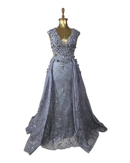 Lavender Embellished Mesh Gown with 3D Floral Appliqué & Flowing Train
