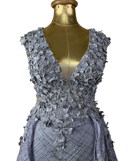 Lavender Embellished Mesh Gown with 3D Floral Appliqué & Flowing Train