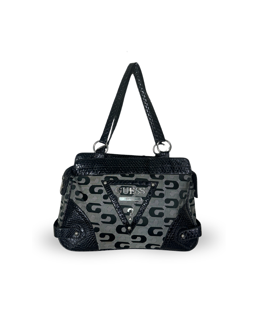 Vintage Guess Black Monogram & Snake Embossed Shoulder Bag