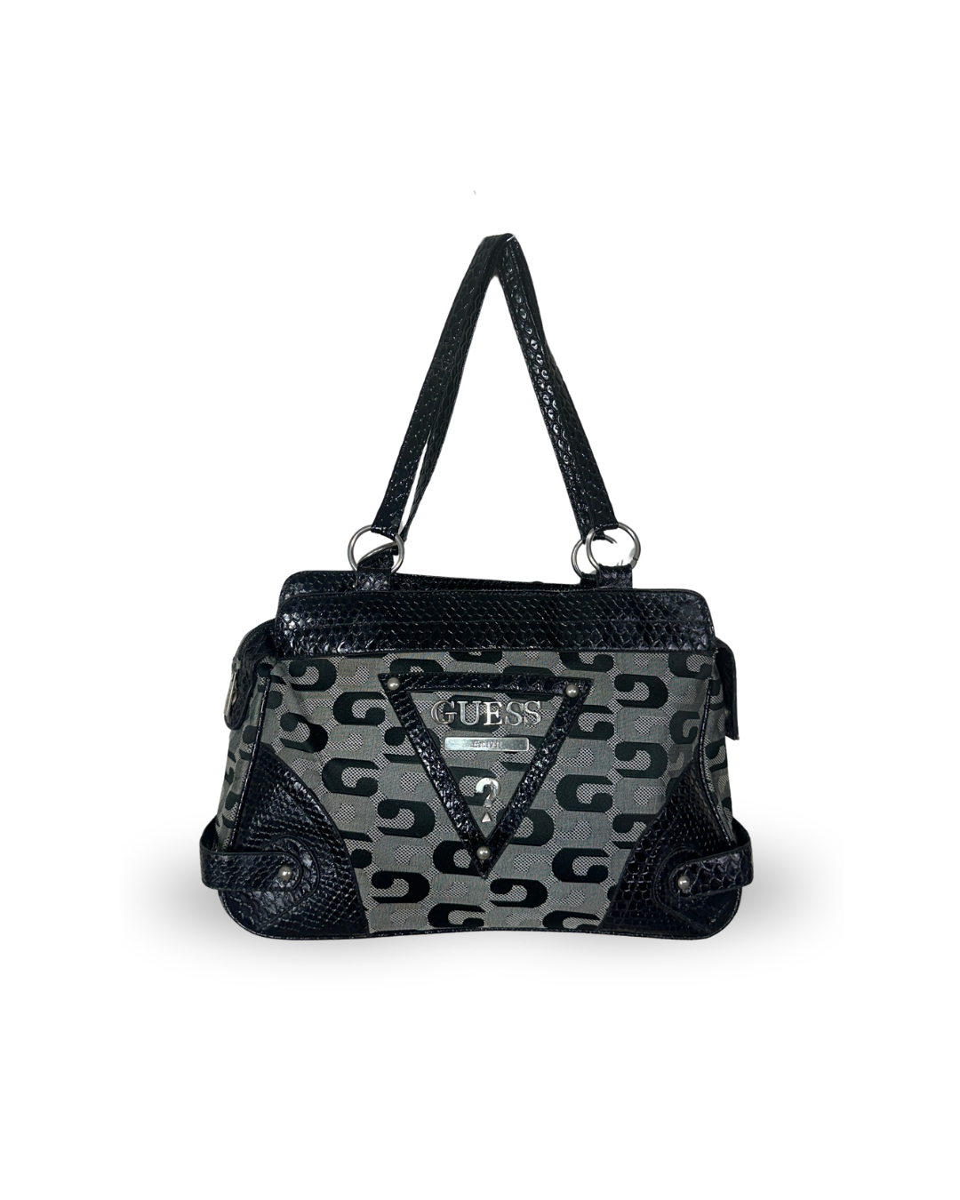 Vintage Guess Black Monogram & Snake Embossed Shoulder Bag