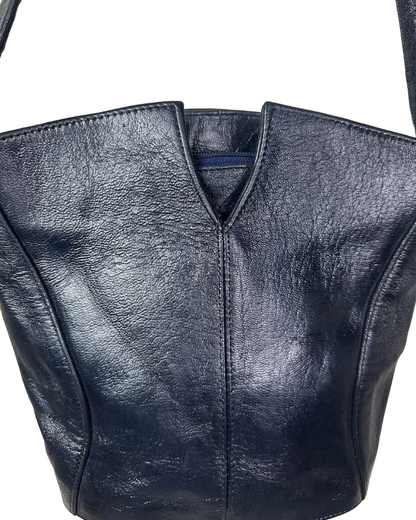 Vintage Navy Genuine Leather Bucket Bag