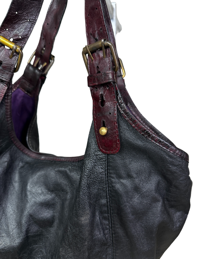 Vintage Genuine Leather Hobo Shoulder Bag with Burgundy Straps