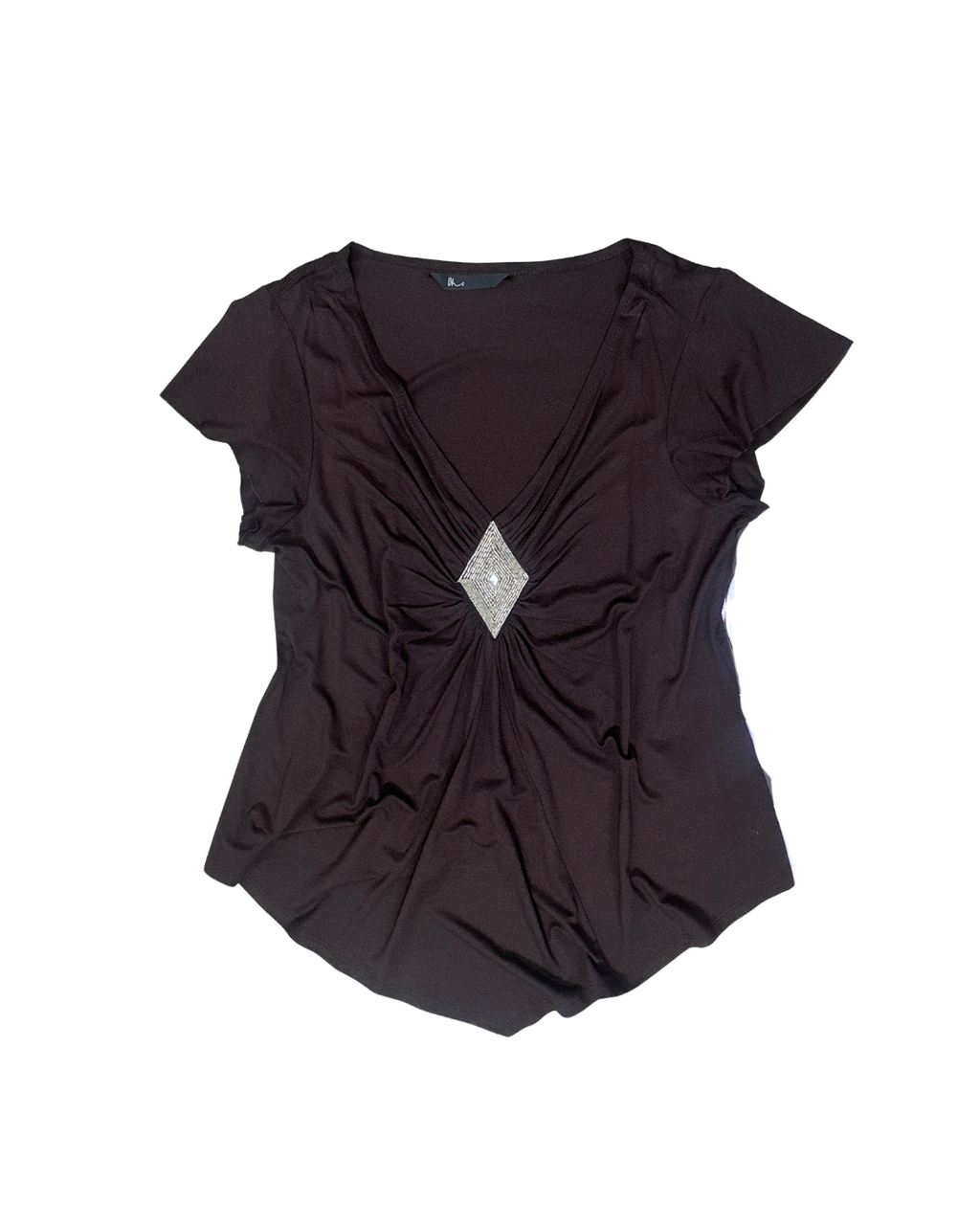Y2K V-Neck Draped Top with Silver Rhinestone Embellishment