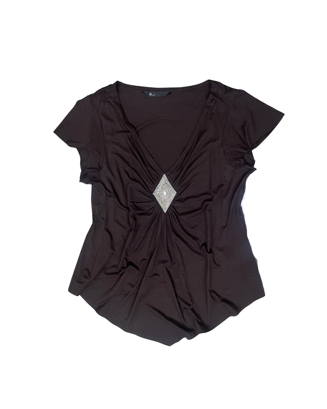 Y2K V-Neck Draped Top with Silver Rhinestone Embellishment