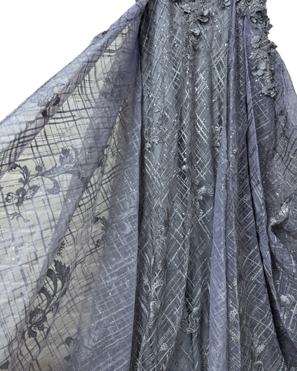 Lavender Embellished Mesh Gown with 3D Floral Appliqué & Flowing Train