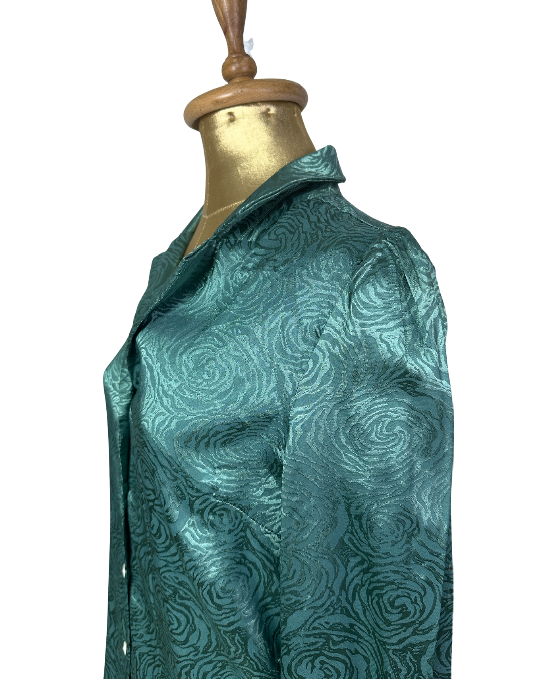 Teal Satin Rose Print Shirt - Large