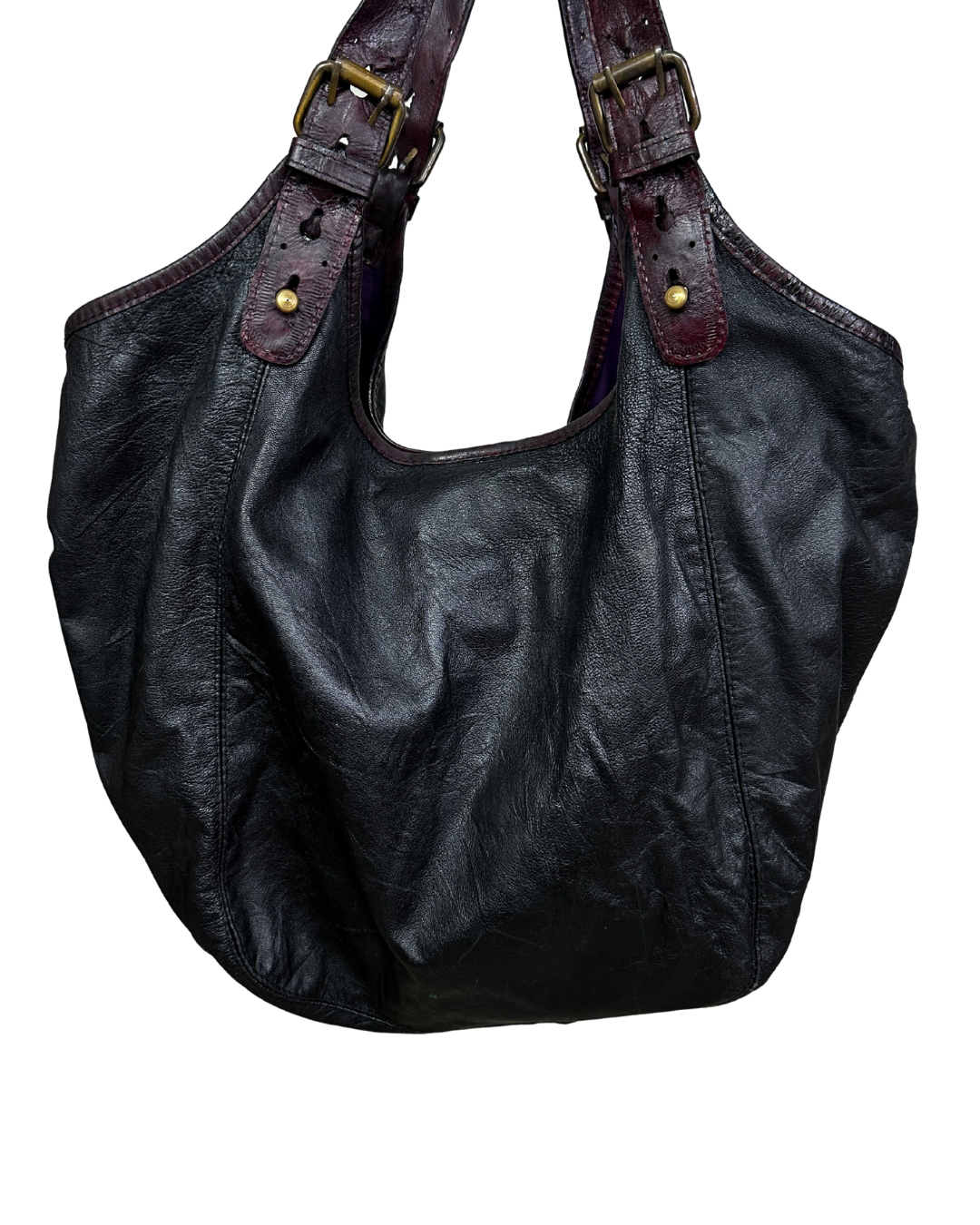 Vintage Genuine Leather Hobo Shoulder Bag with Burgundy Straps