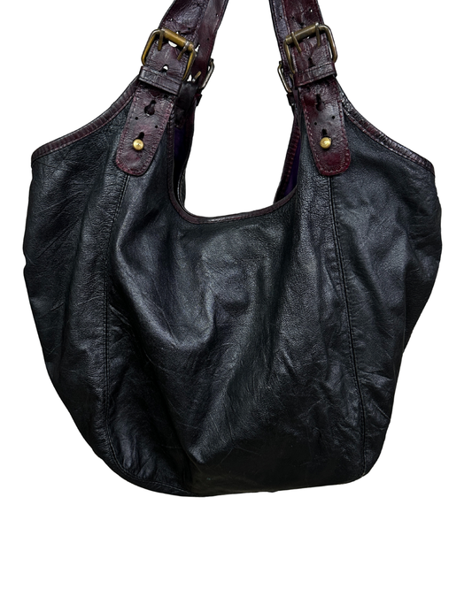 Vintage Genuine Leather Hobo Shoulder Bag with Burgundy Straps
