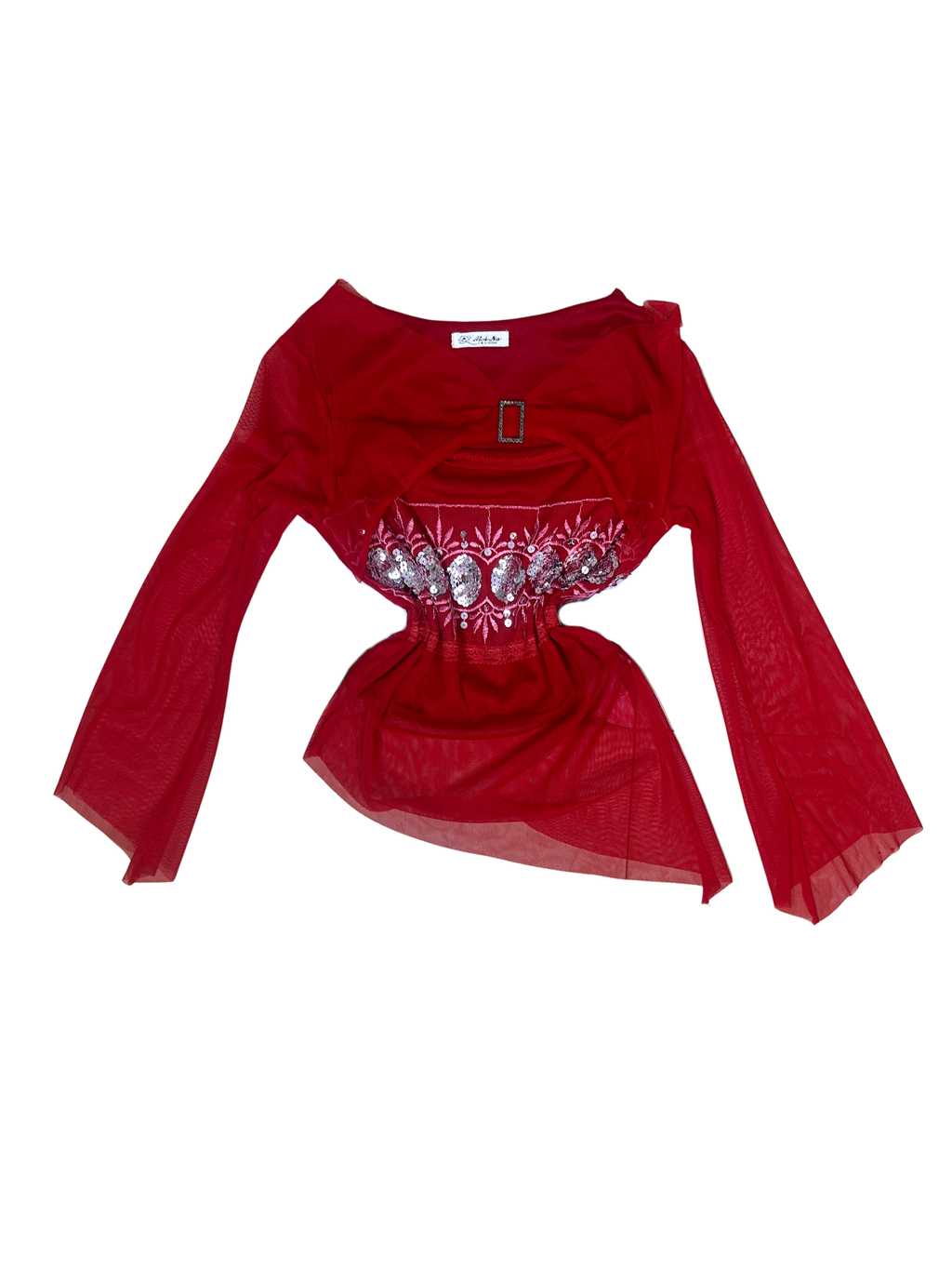 2K Mei Na Red Mesh Top with Sequin & Rhinestone Buckle