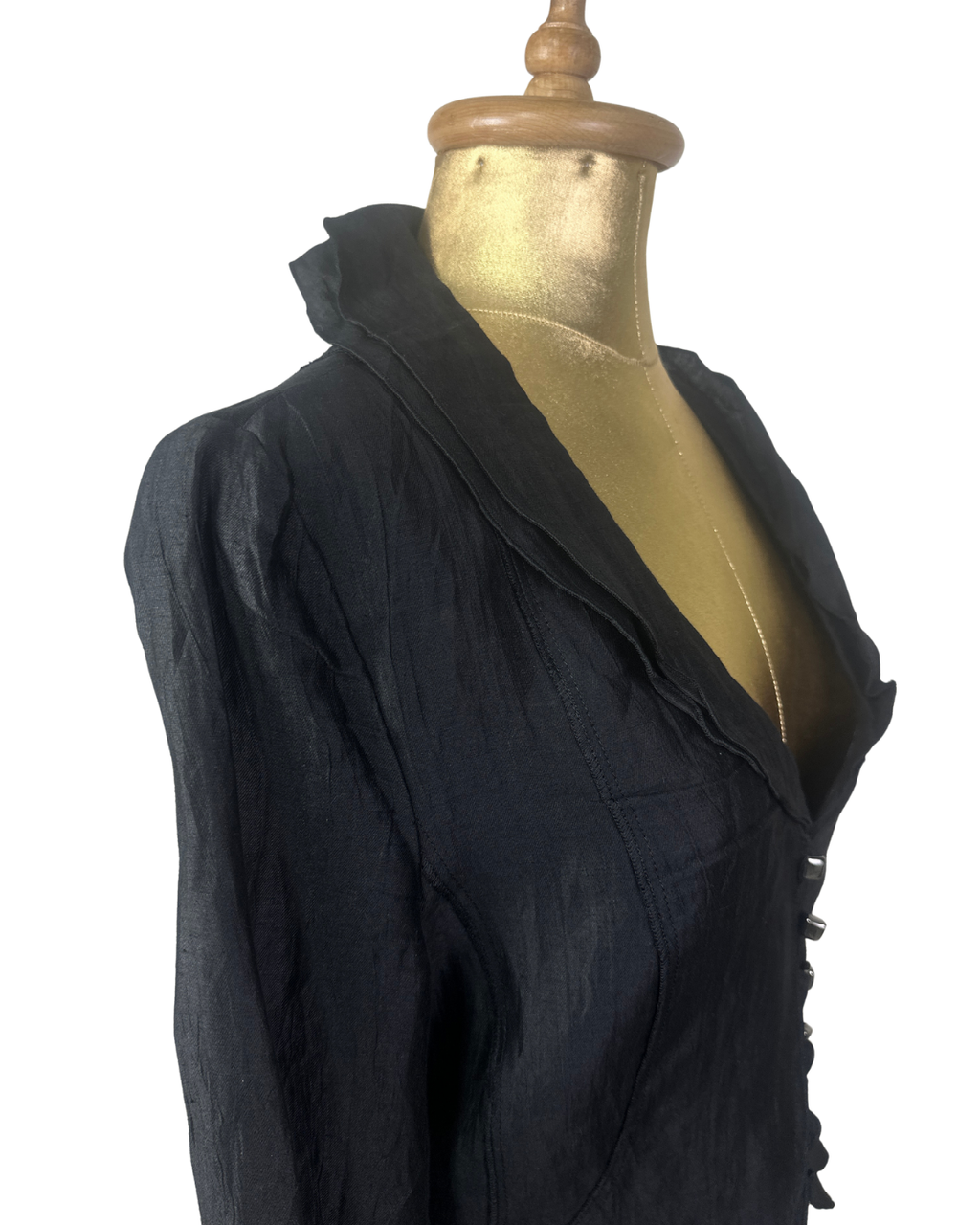 .Black Crinkle Texture Button-Front Blouse - Medium