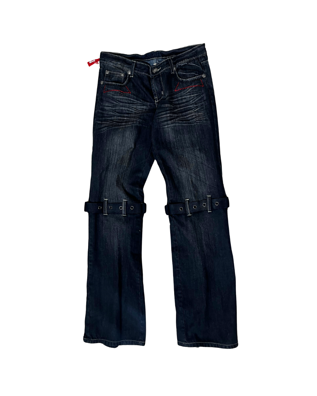 Miss Teen Y2K Dark Wash Jeans with Knee Buckles & Back Zippers
