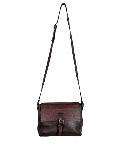 Two-Tone Brown Genuine Leather Crossbody Bag w/ Croc-Embossed Flap