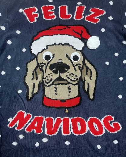 Feliz Navidog Christmas Sweater with a Jingle Bell