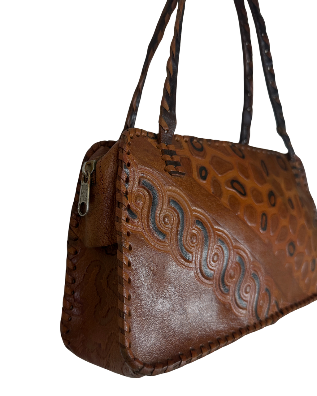 Vintage 70s Whipstitch Embossed Brown Genuine Leather Handbag