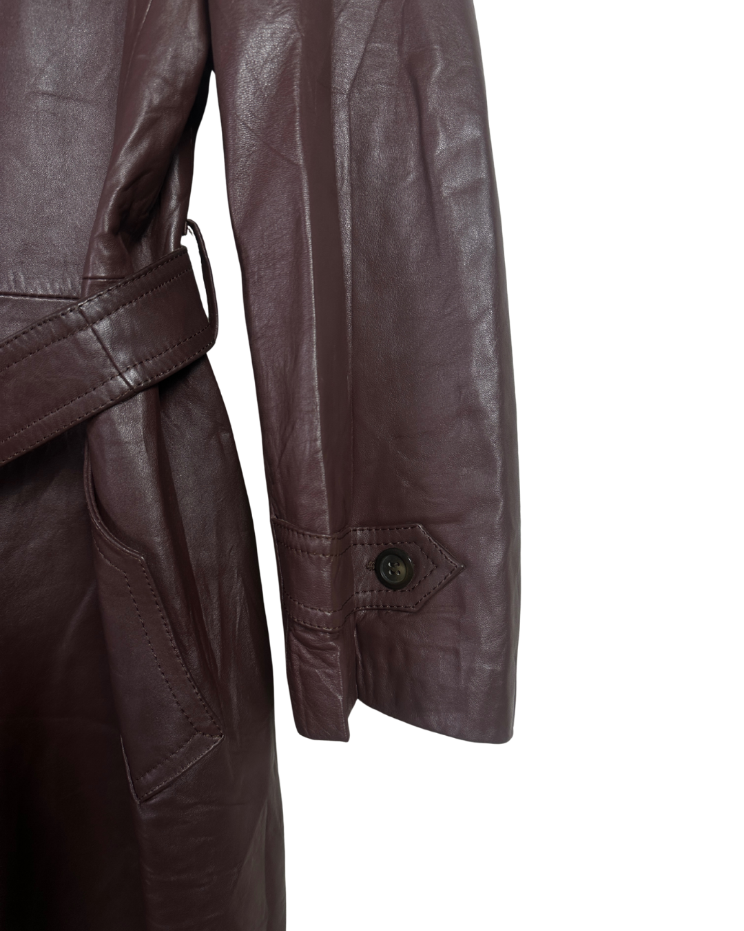 Vintage Brown Double Breasted Genuine Leather Trench Coat - Large