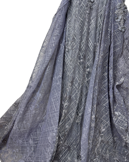 Lavender Embellished Mesh Gown with 3D Floral Appliqué & Flowing Train