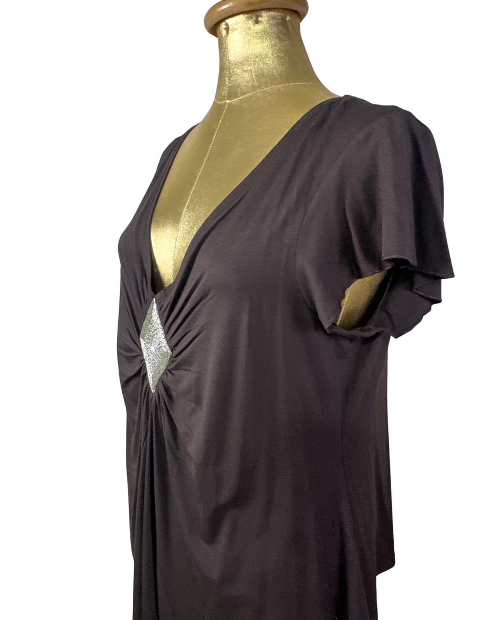 Y2K V-Neck Draped Top with Silver Rhinestone Embellishment