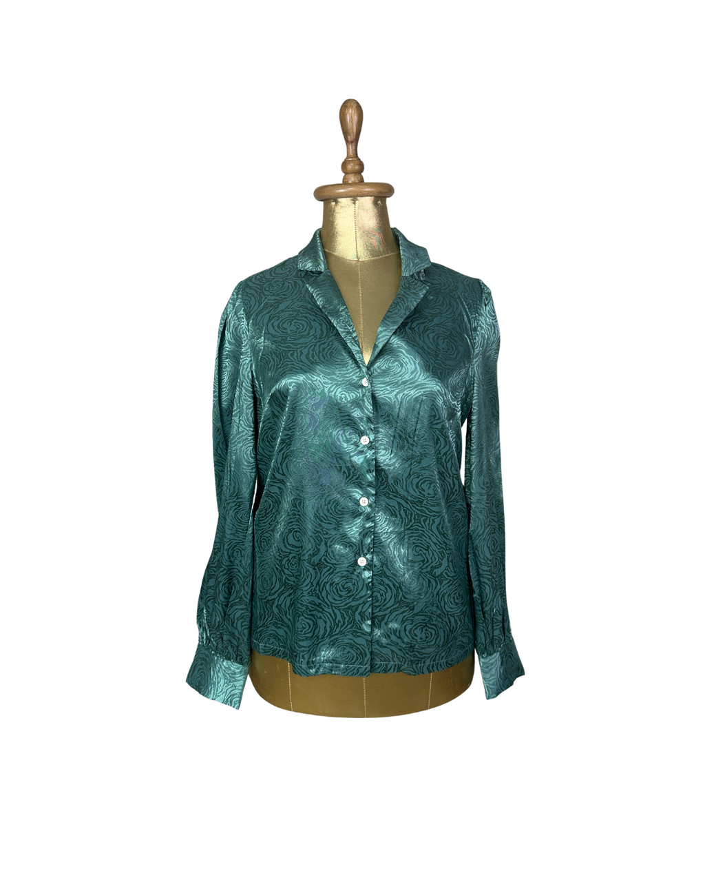 Teal Satin Rose Print Shirt - Large