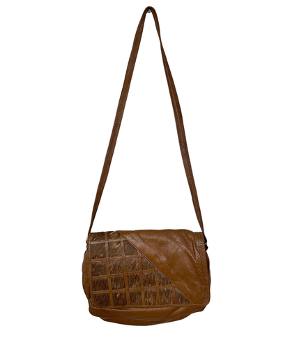 Vintage Tan Leather Messenger Crossbody Bag w/ Hair-On Cowhide Panel